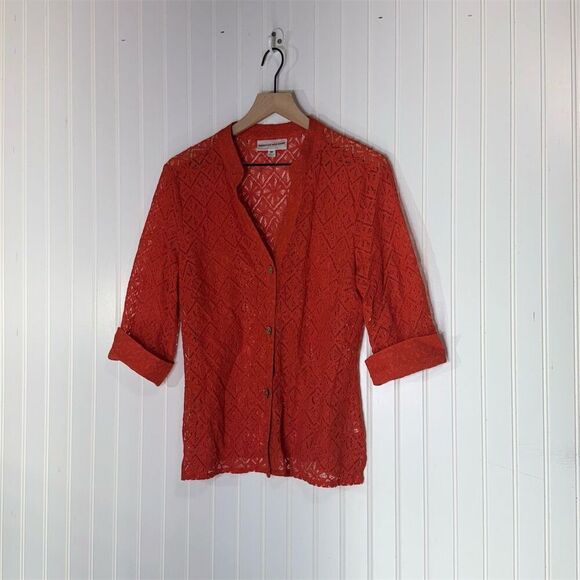 Rebecca Malone Orange Lace Cardigan Top M Cottagecore Boho Semi Sheer Coastal - Picture 1 of 8